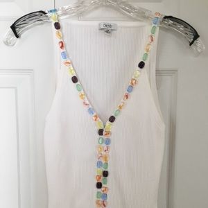 Cache White Tank Top Multi Colored Beads - Sz XS
